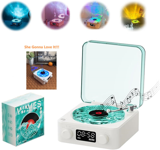 The Waves Vinyl Player, Waves Vinyl Bluetooth Speaker, Portable CD Player That Looks like a Record Player, Wireless Vintage Vinyl Record Player Style Bluetooth Speaker with Ambient Lights-White